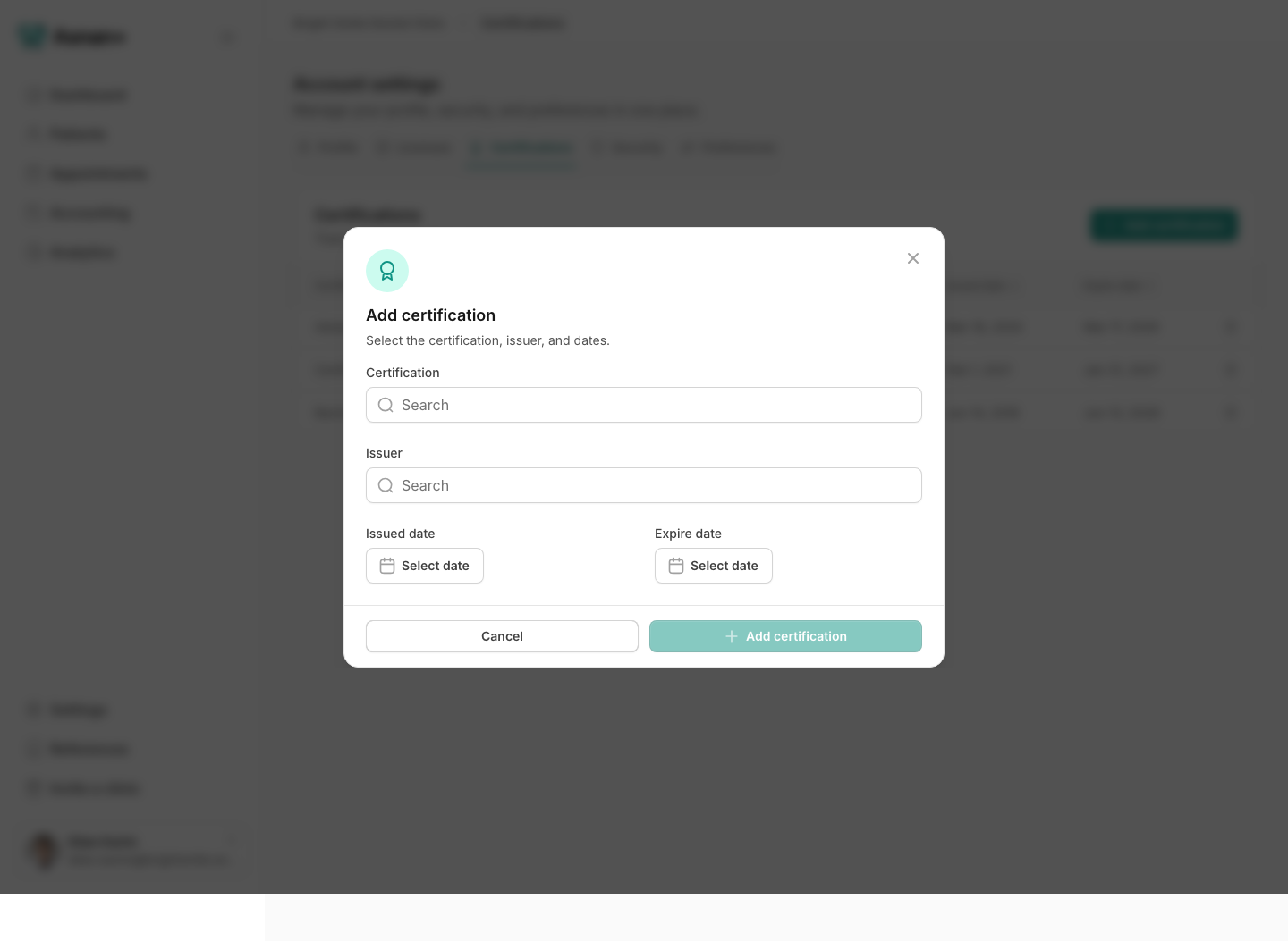 The Add certification form in Account settings, with fields for the certification, issuer, issue date, and expiry date.