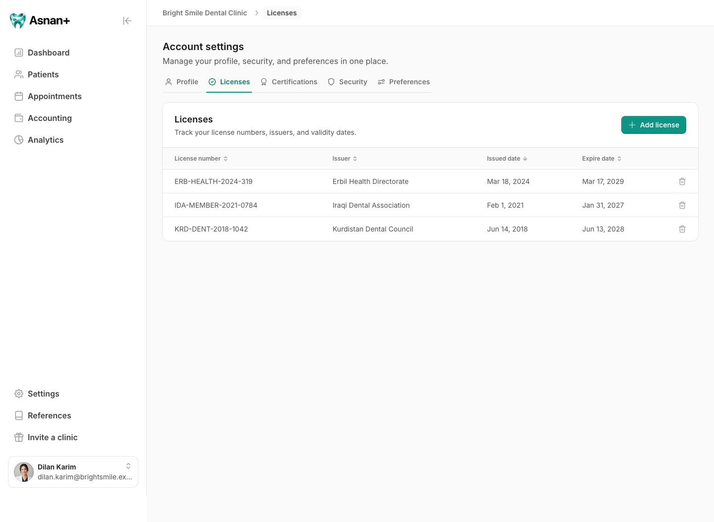 Personal Licenses list with several license numbers, issuers, and validity dates
