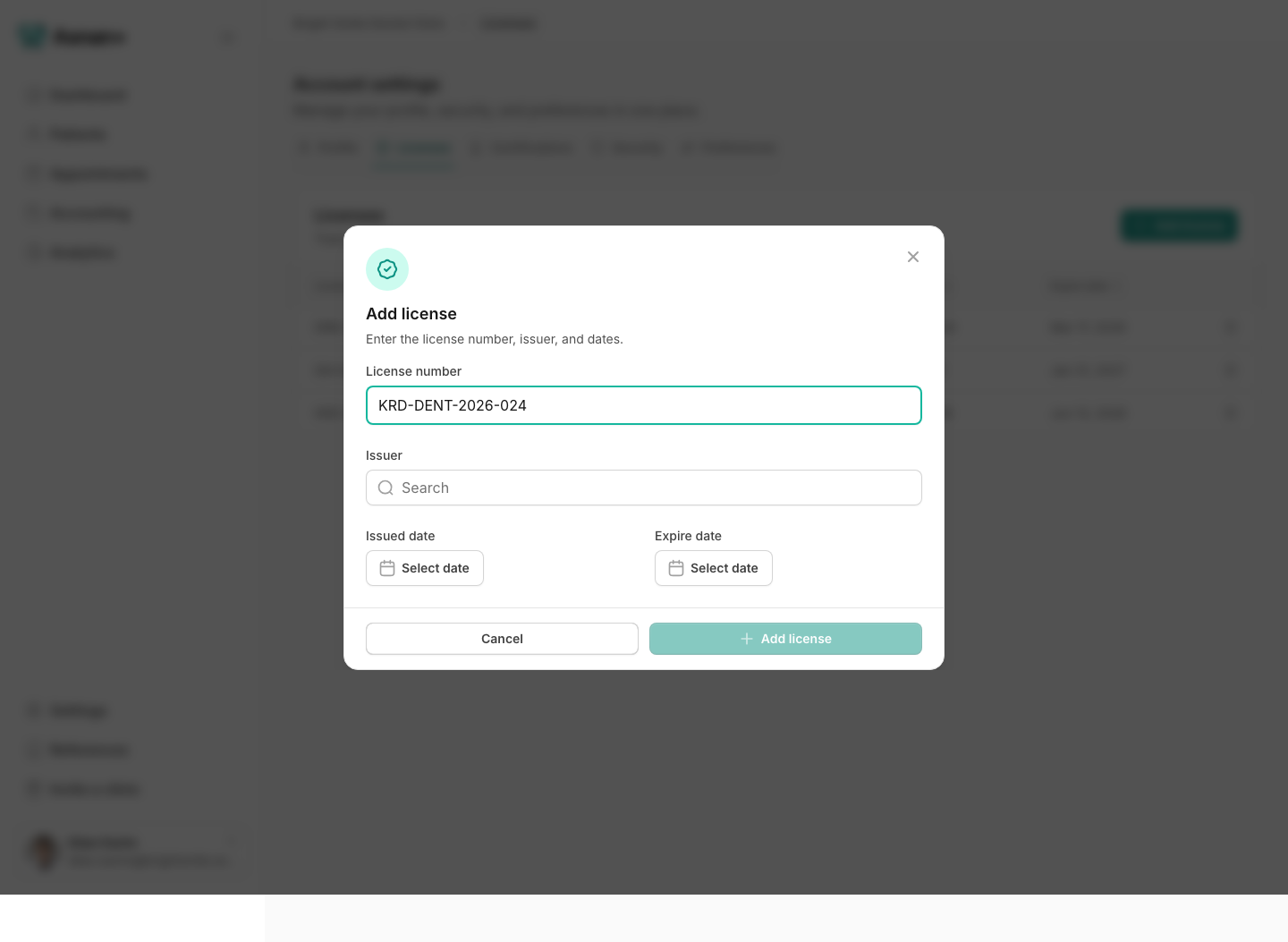 The Add license form in Account settings, with fields for the license number, issuer, issue date, and expiry date.