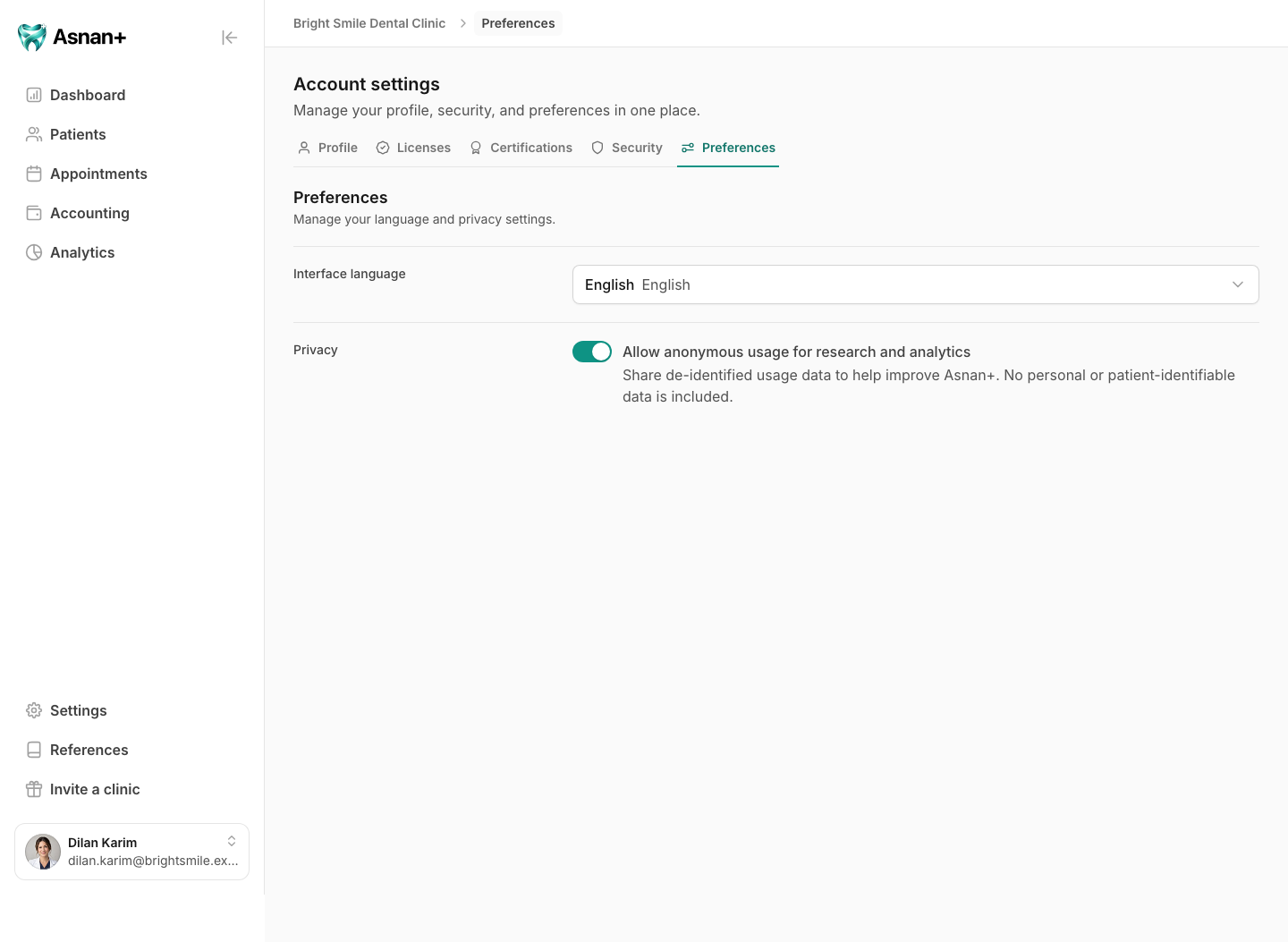 Account Preferences showing Interface language and the anonymous usage sharing setting