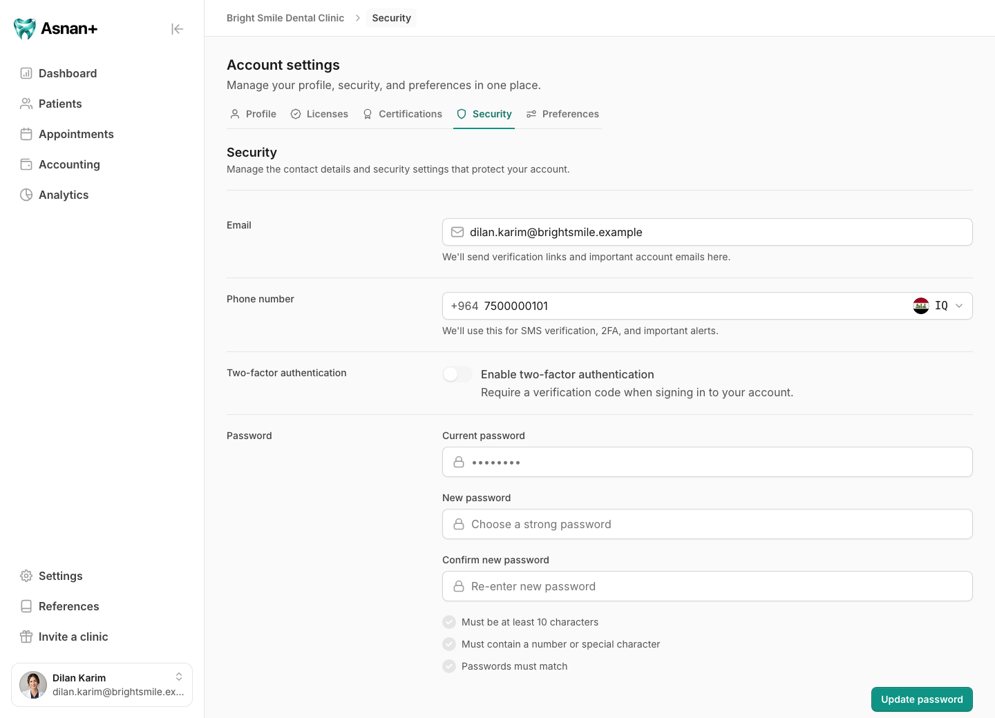 Account Security with email and phone contact details, password controls, and two-factor authentication