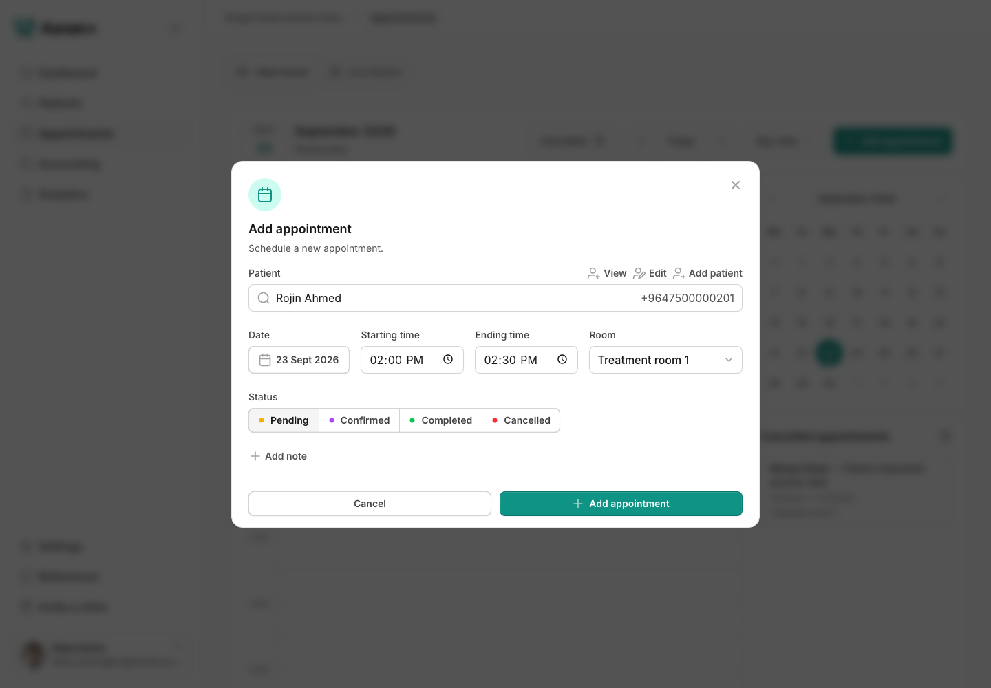 Add appointment form for the fictional patient with the date, start and end times, room, and status.