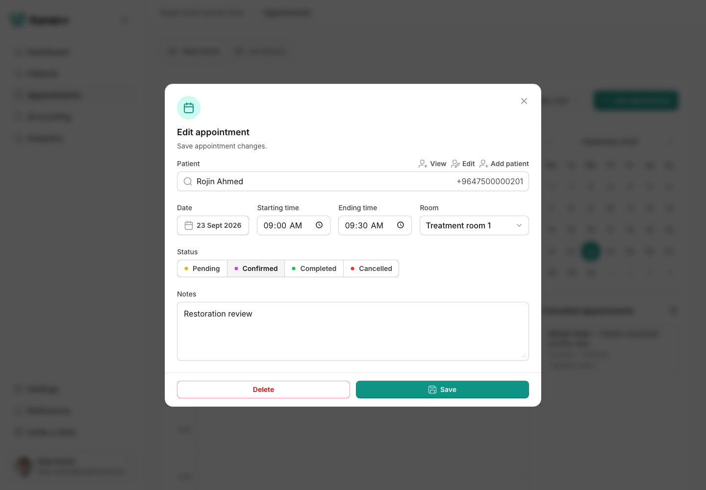 Edit appointment form for a saved fictional appointment, including status, scheduling details, Save, and Delete actions.