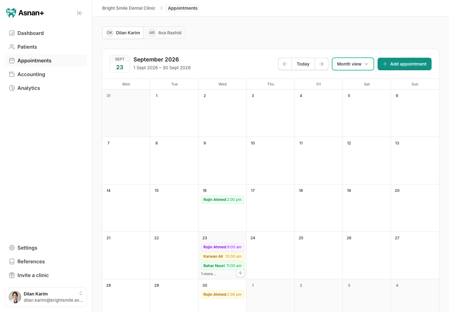 Month view of the appointment calendar with the date-specific add appointment plus action visible.