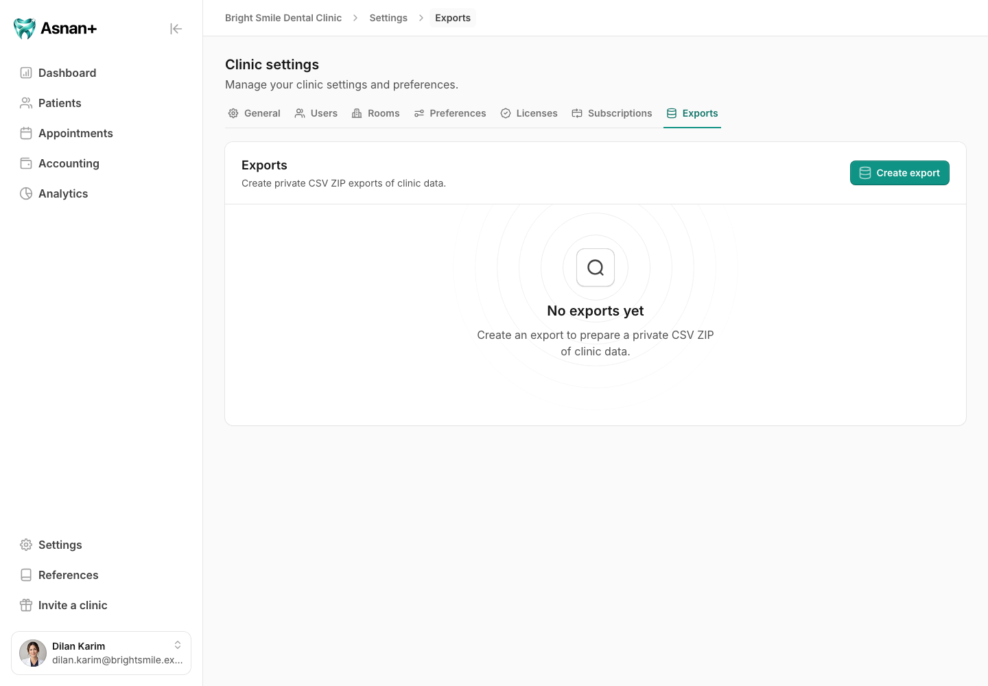 Clinic Exports page with the create action and export history area