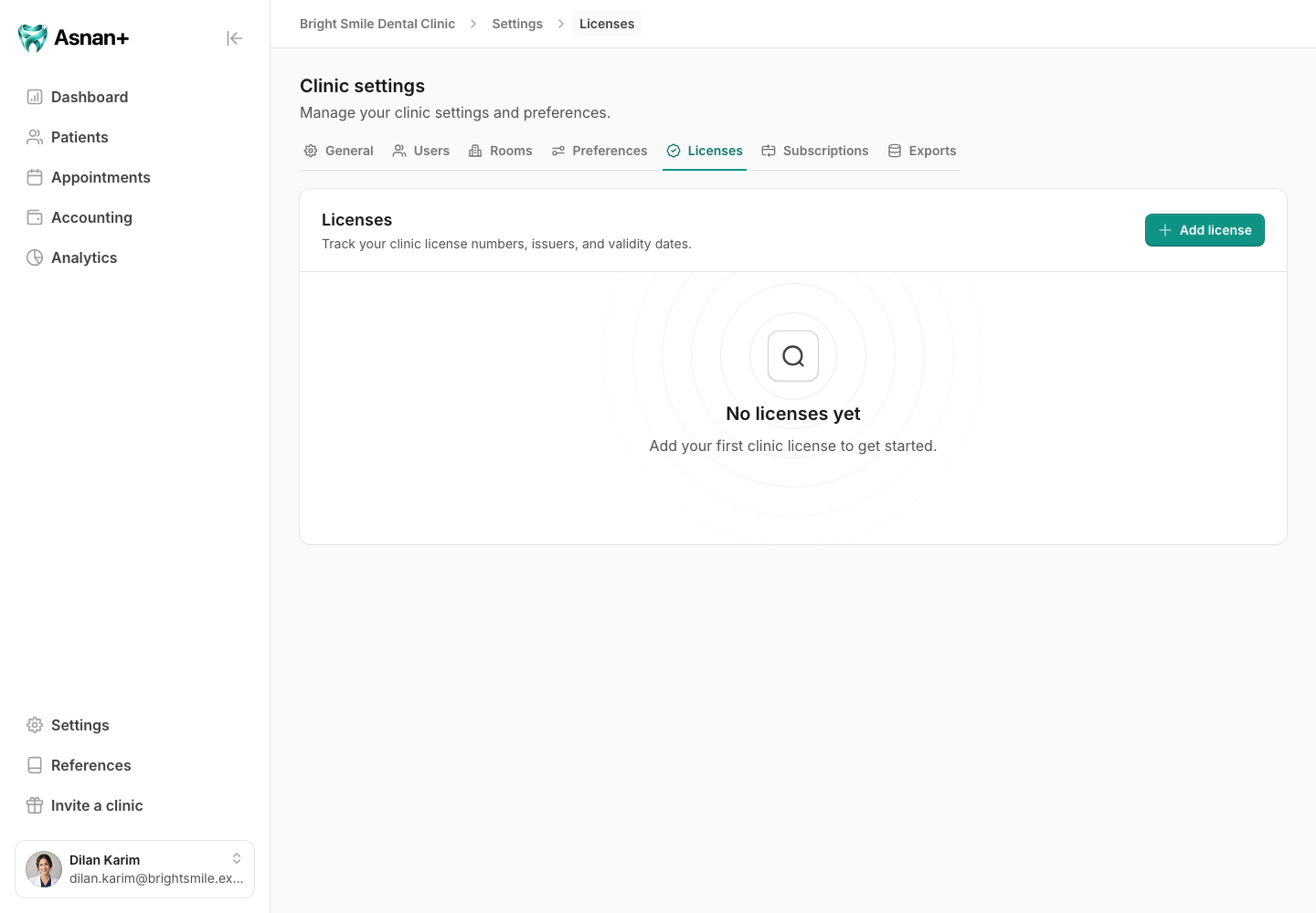 Clinic Licenses tab in its empty state with the Add license action