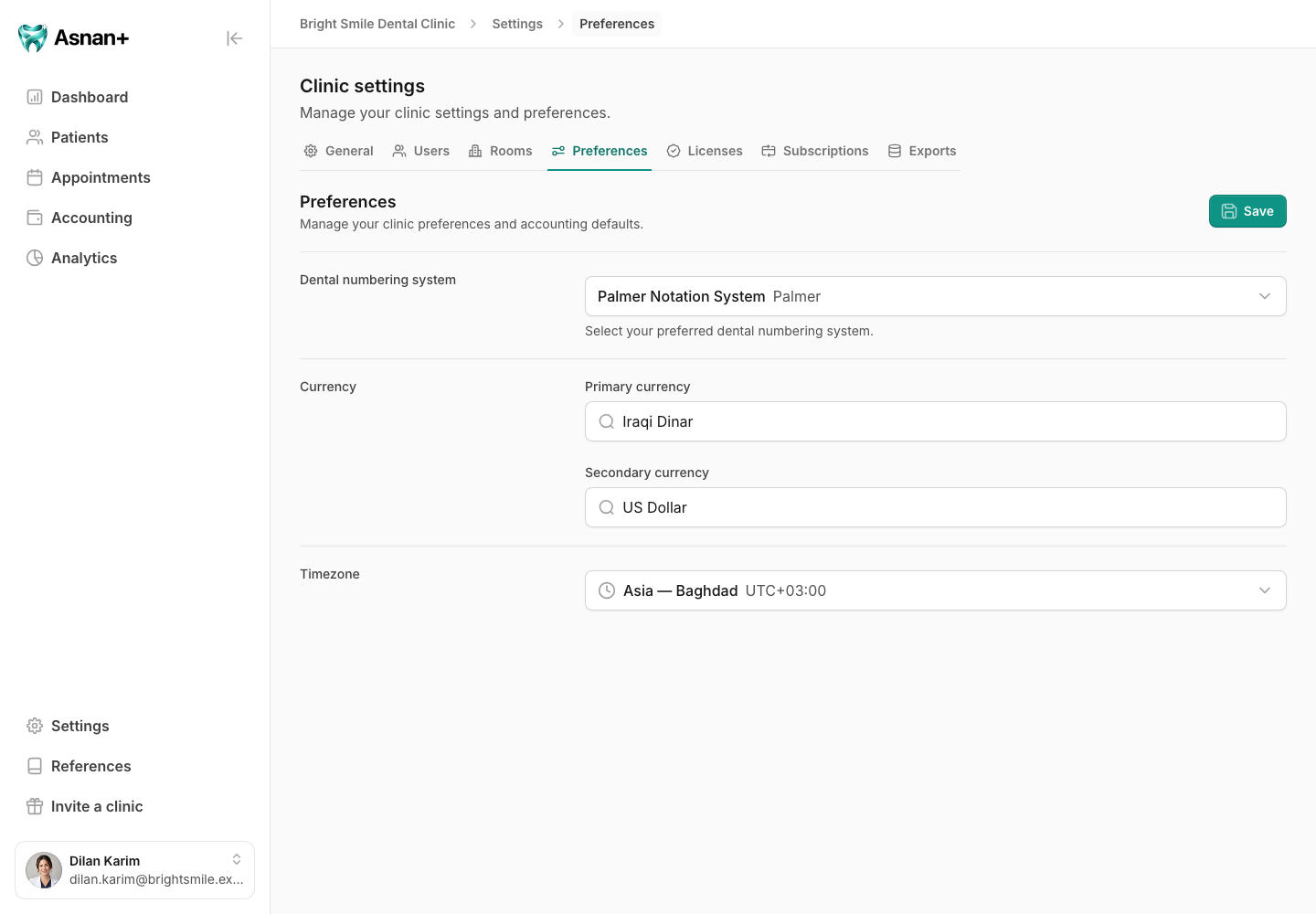 Clinic settings Preferences showing dental numbering, primary and secondary currency, and timezone