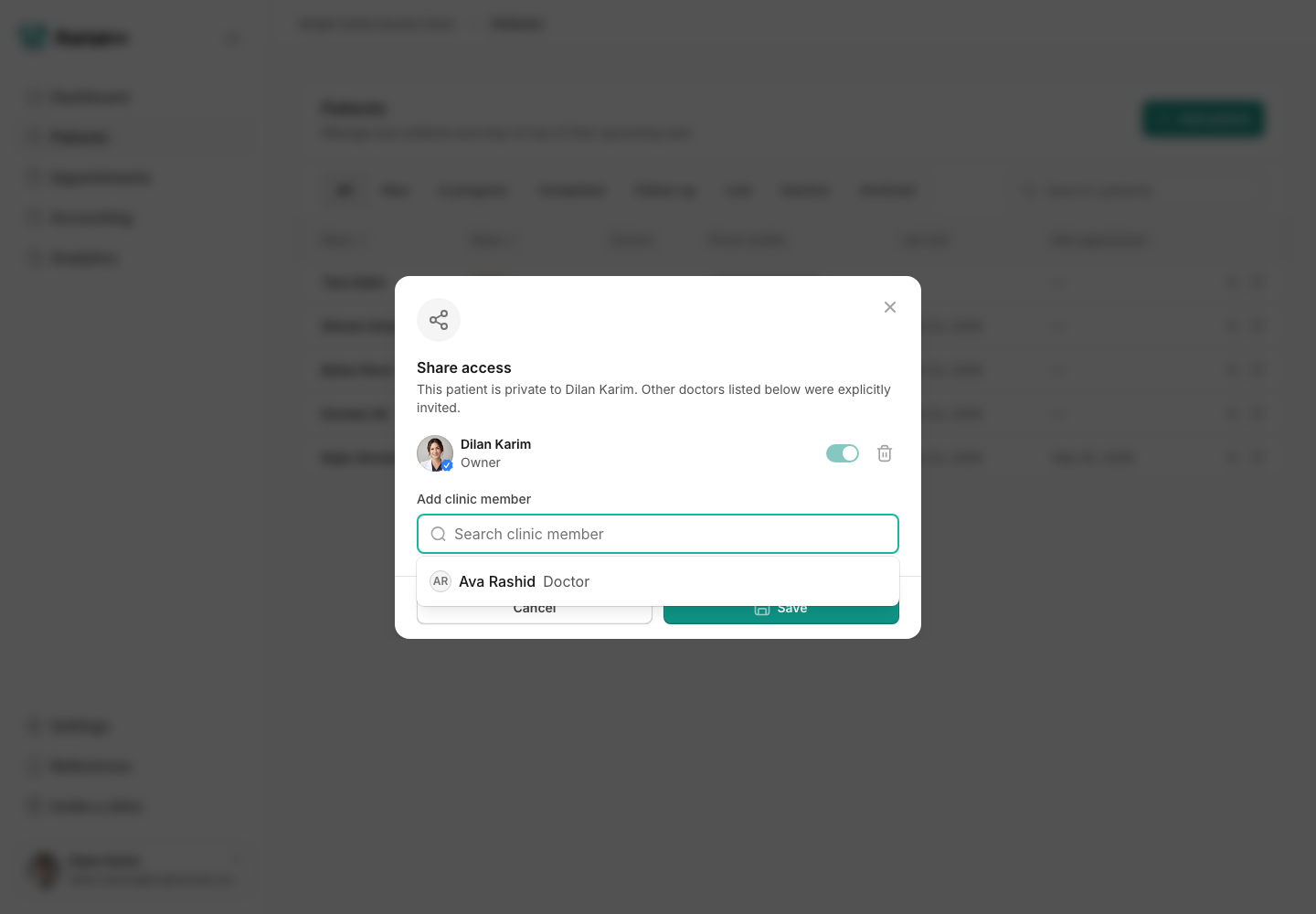 Share access for a fictional private patient, showing Dilan Karim as the owner and the picker for another admin or doctor.