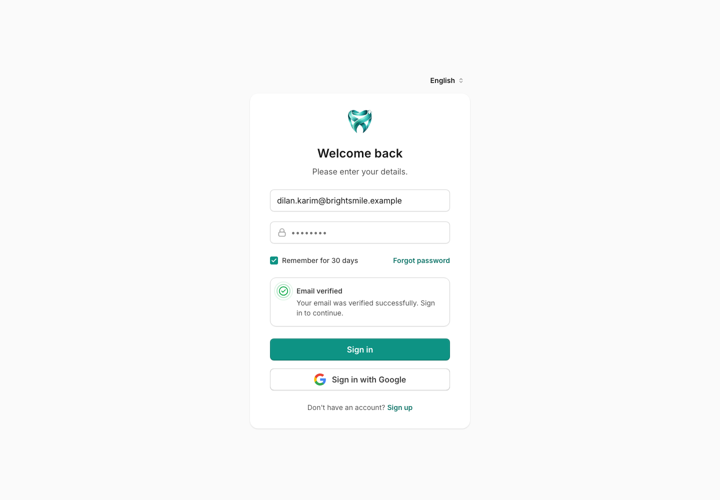 Asnan+ login screen with an Email verified confirmation after following the verification link.
