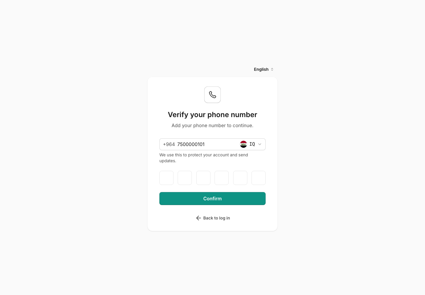 Asnan+ phone verification screen with six empty code-entry fields and a Confirm button.