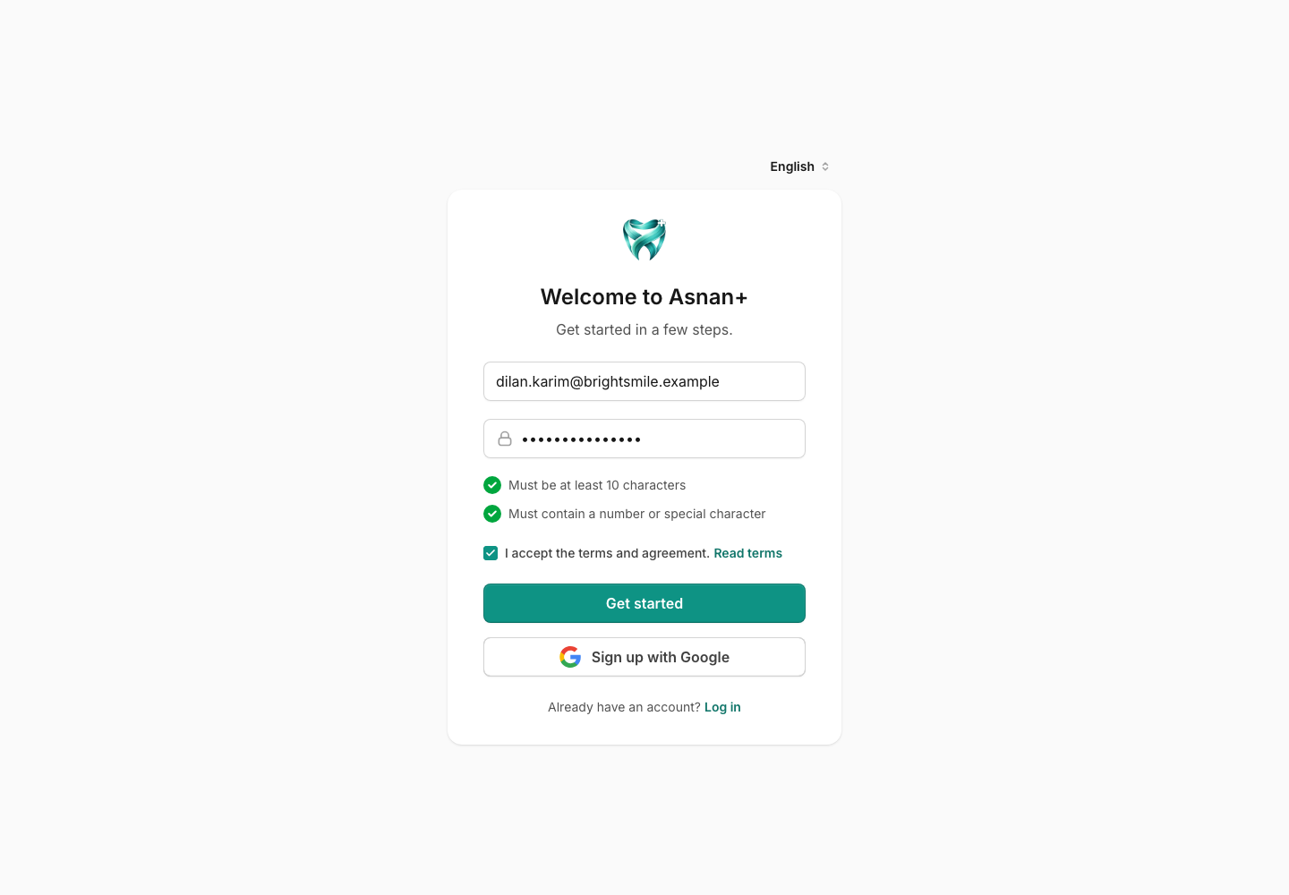 Asnan+ signup form with Dr Dilan Karim’s fictional email, both password requirements satisfied, and the terms accepted.