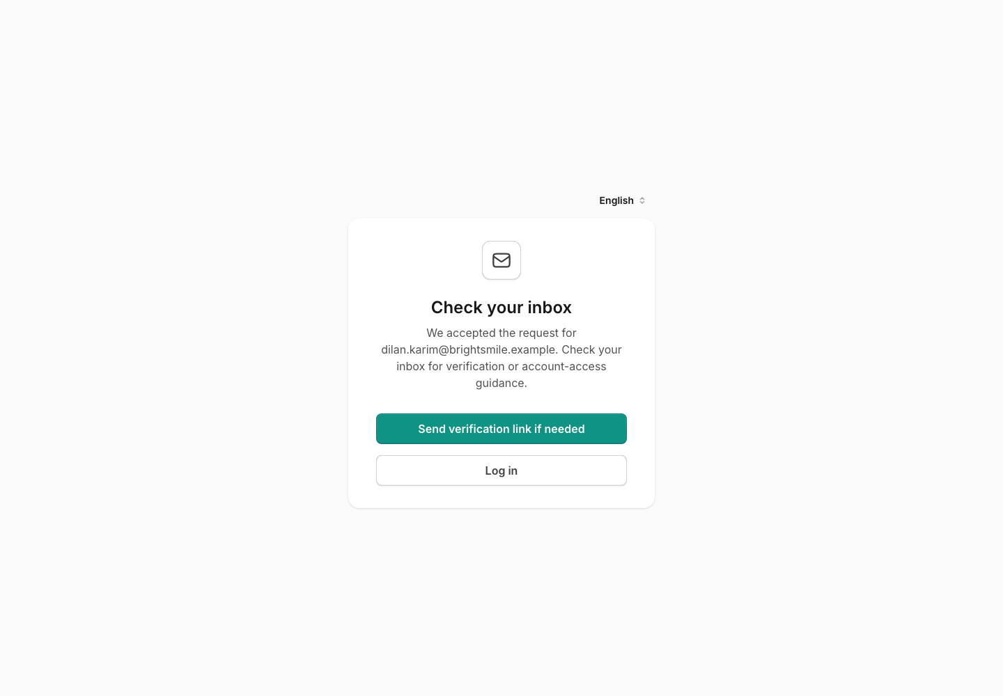 Check your inbox screen showing the email awaiting verification and the option to request another verification link.