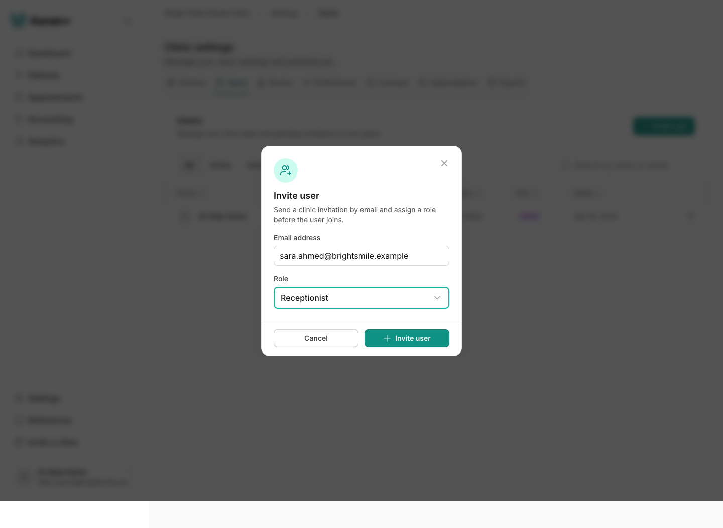 Invite user dialog with Sara Ahmed’s fictional email and the Receptionist role selected.