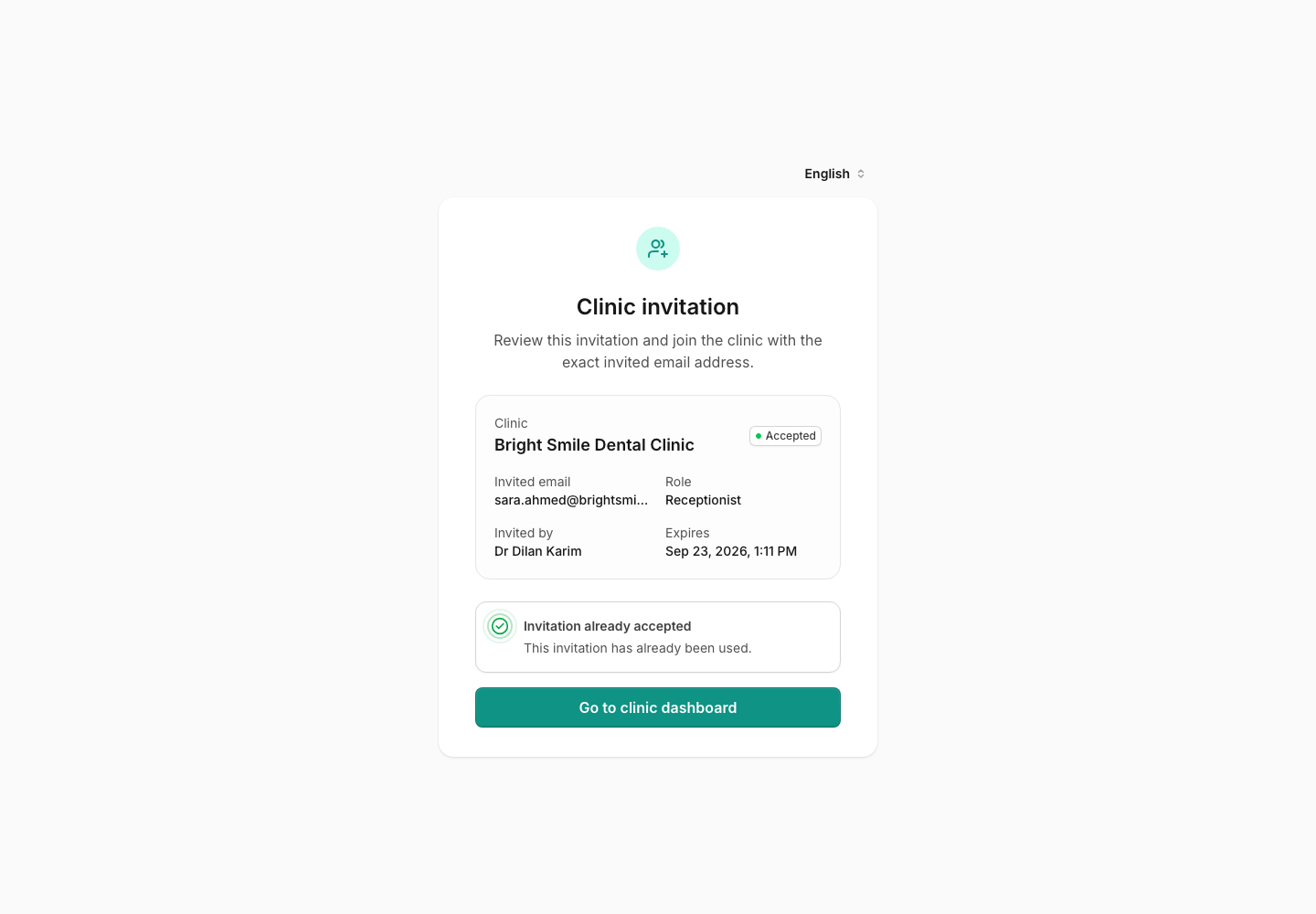 Bright Smile invitation marked Accepted, with a Go to clinic dashboard action for the joined clinic.