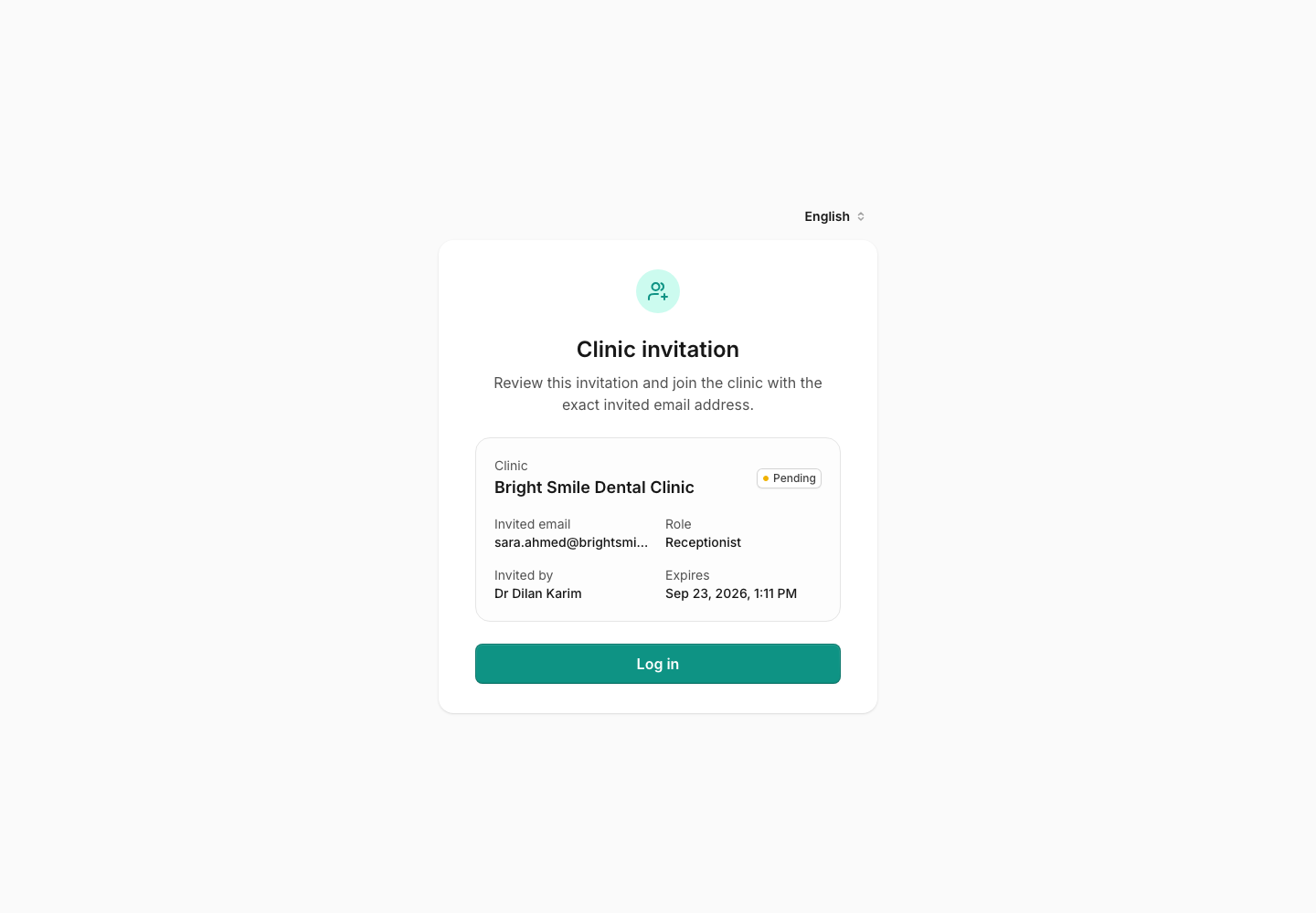 Invitation page for an existing account, showing Bright Smile Dental Clinic’s details and a Log in button.