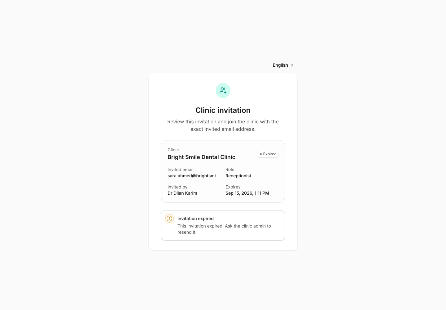 Bright Smile invitation marked Expired, with guidance to contact a clinic admin for a new invitation.