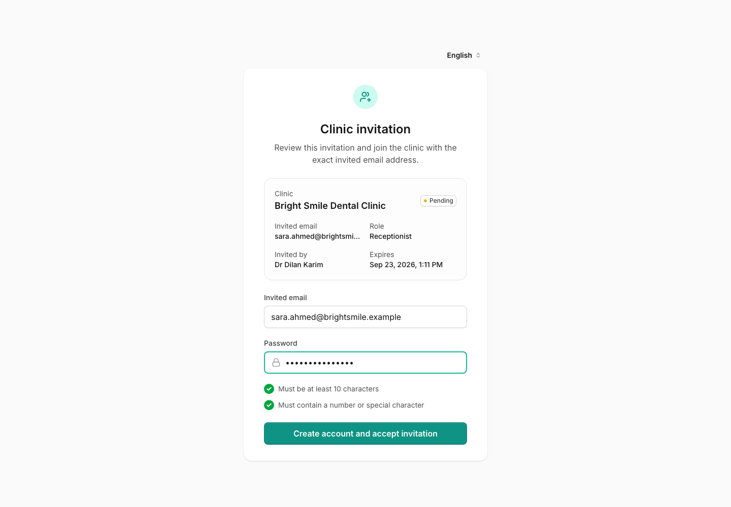 Bright Smile invitation for Sara Ahmed showing the invited email, receptionist role, password field, and Create account and accept invitation button.