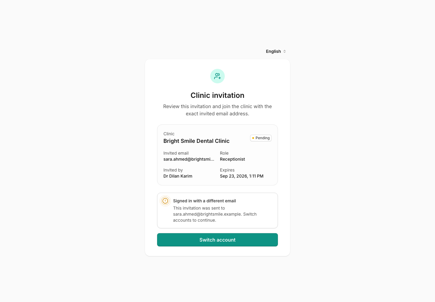 Invitation page warning that the signed-in email differs from the invited email and offering Switch account.