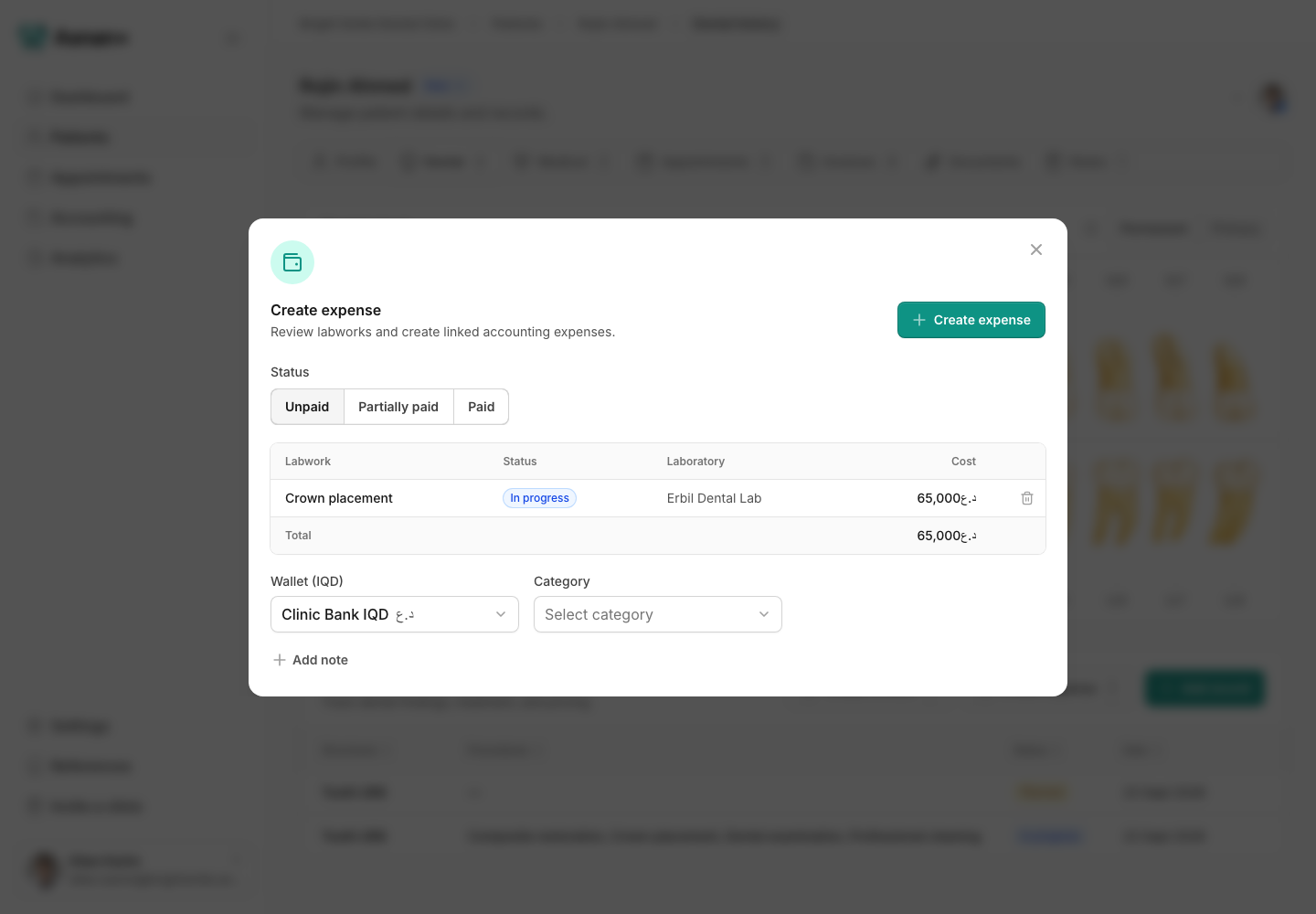 The Create labwork expense dialog showing the selected laboratory work and accounting fields.