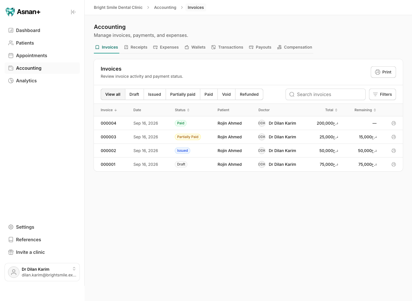 Bright Smile invoice list with fictional patients, invoice states, currencies, and outstanding balances.