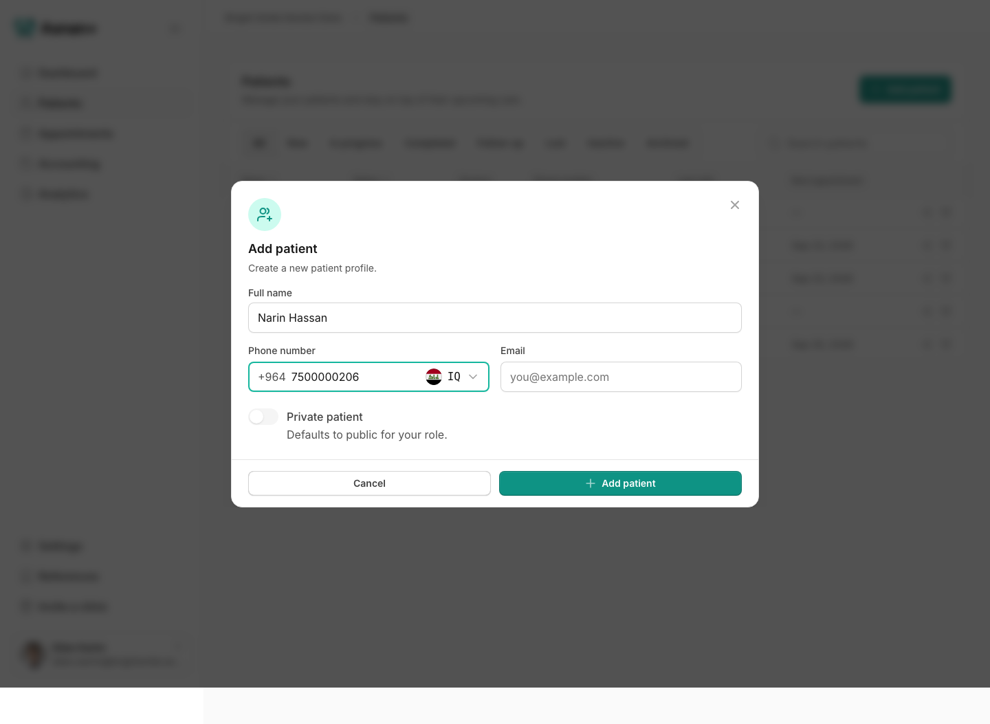 Add patient form with full name, phone, optional email, and the private-patient choice.