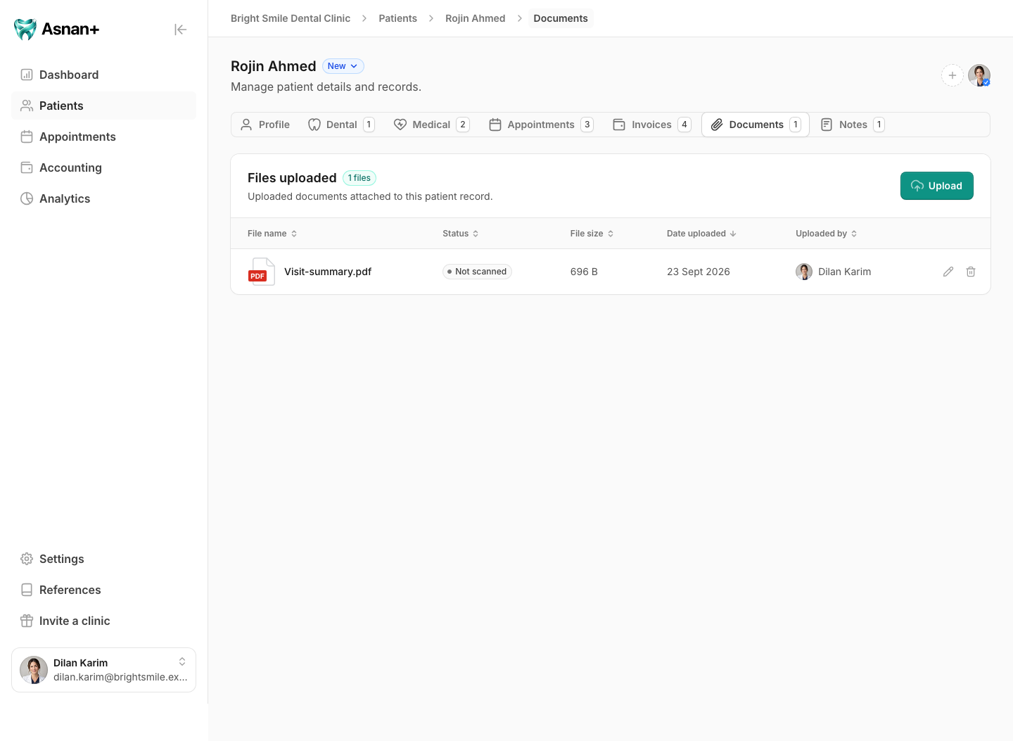 The fictional patient's Documents tab with an uploaded PDF marked Not scanned, its file size, upload date, uploader, and the signed-in Dilan Karim account.