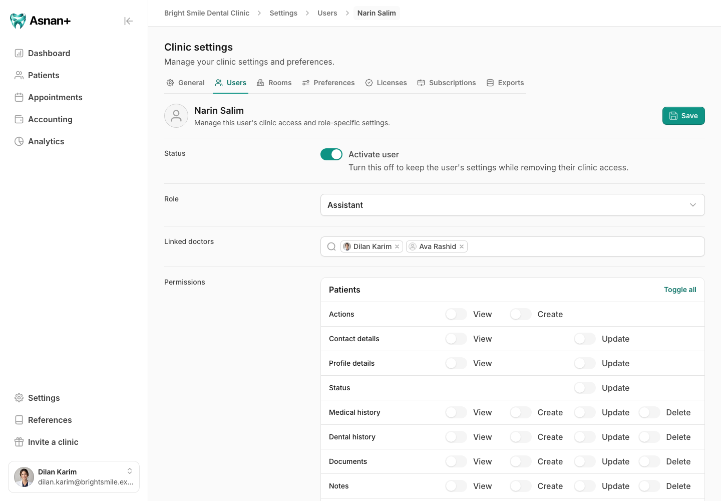 Assistant member settings showing linked doctors and permission sections