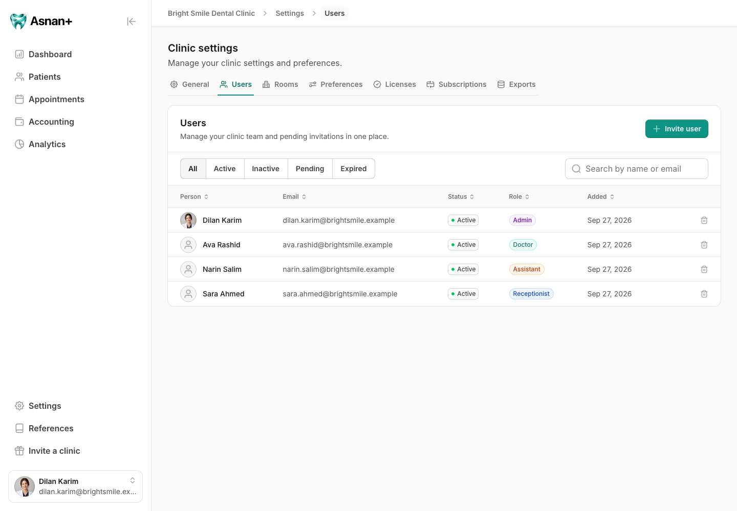 Users list showing clinic member names, roles, statuses, and invitation filters