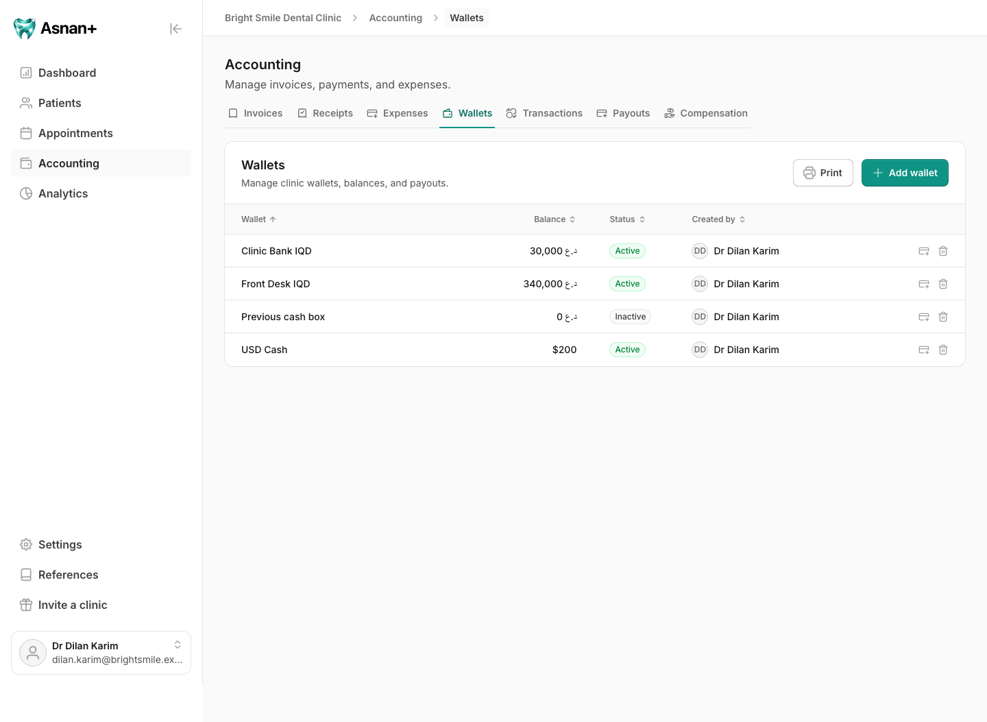 Wallet list showing wallet names, currency balances, active states, creators, and row actions.