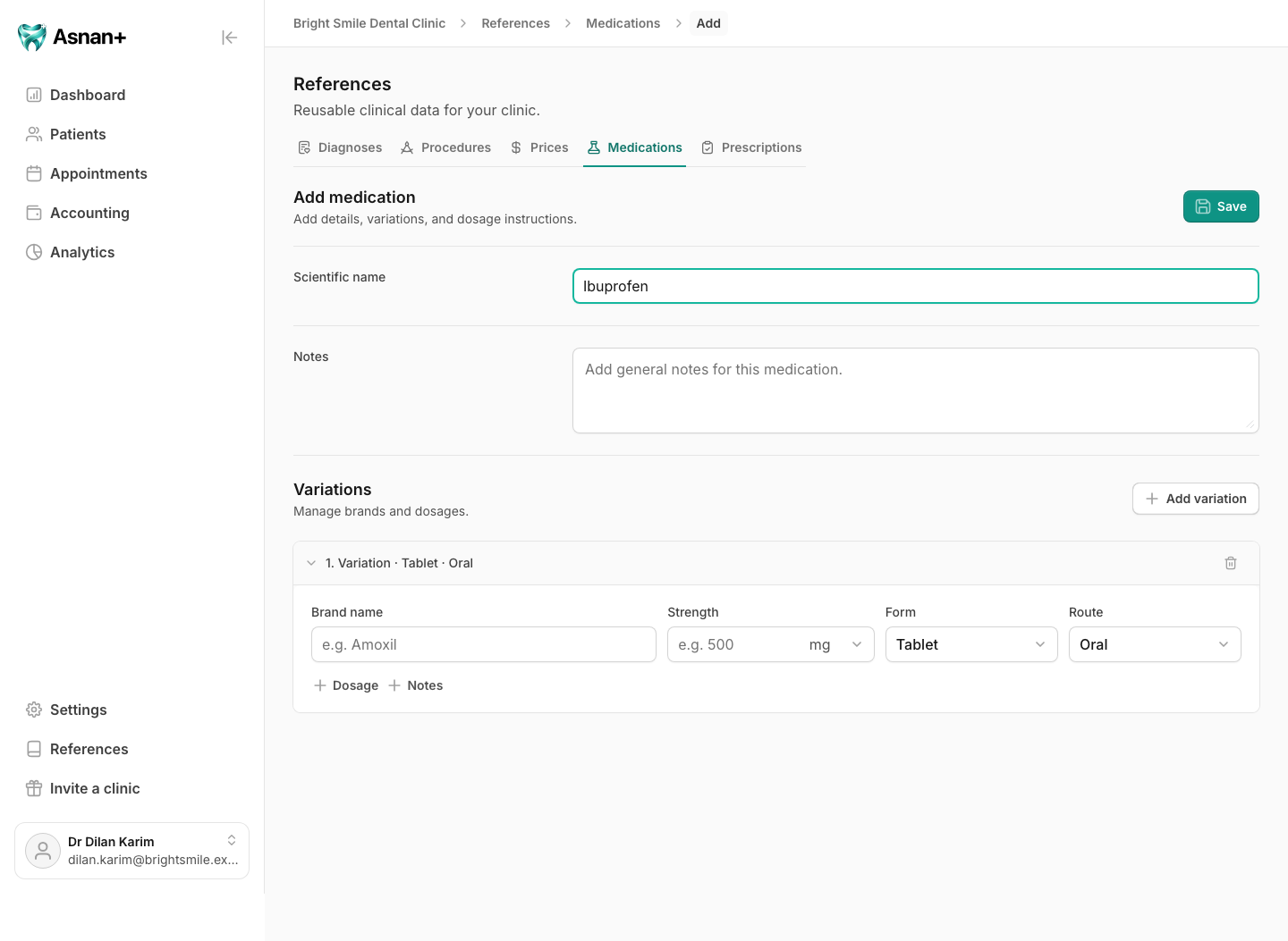 Add medication form with scientific name, notes, and variation controls