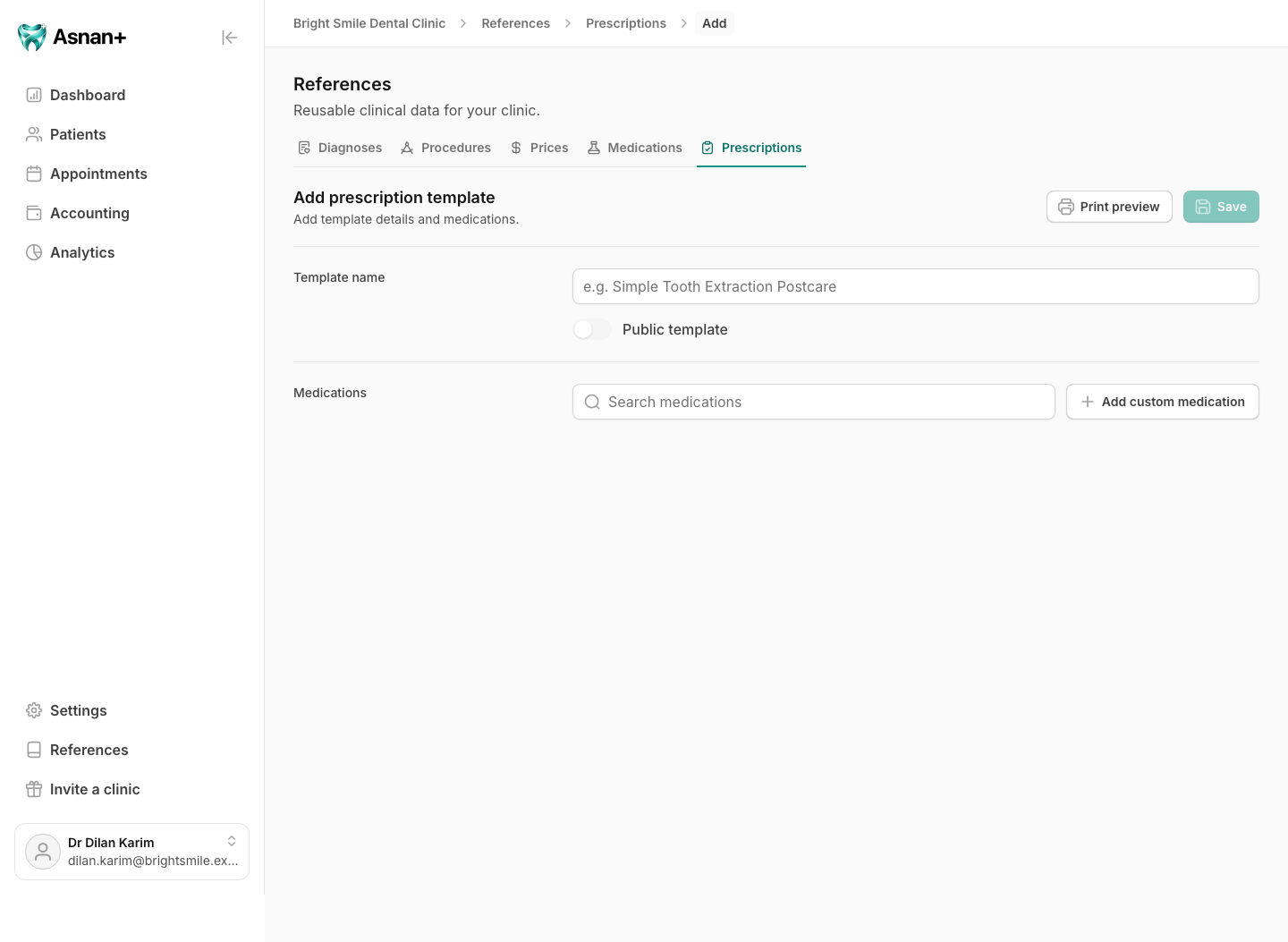 Add prescription template screen with template name and medications section