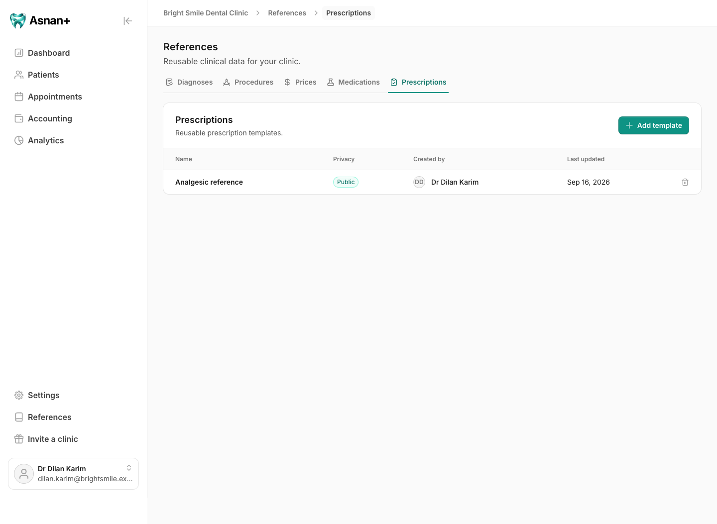 Prescription template list showing names, privacy, creators, and last update dates