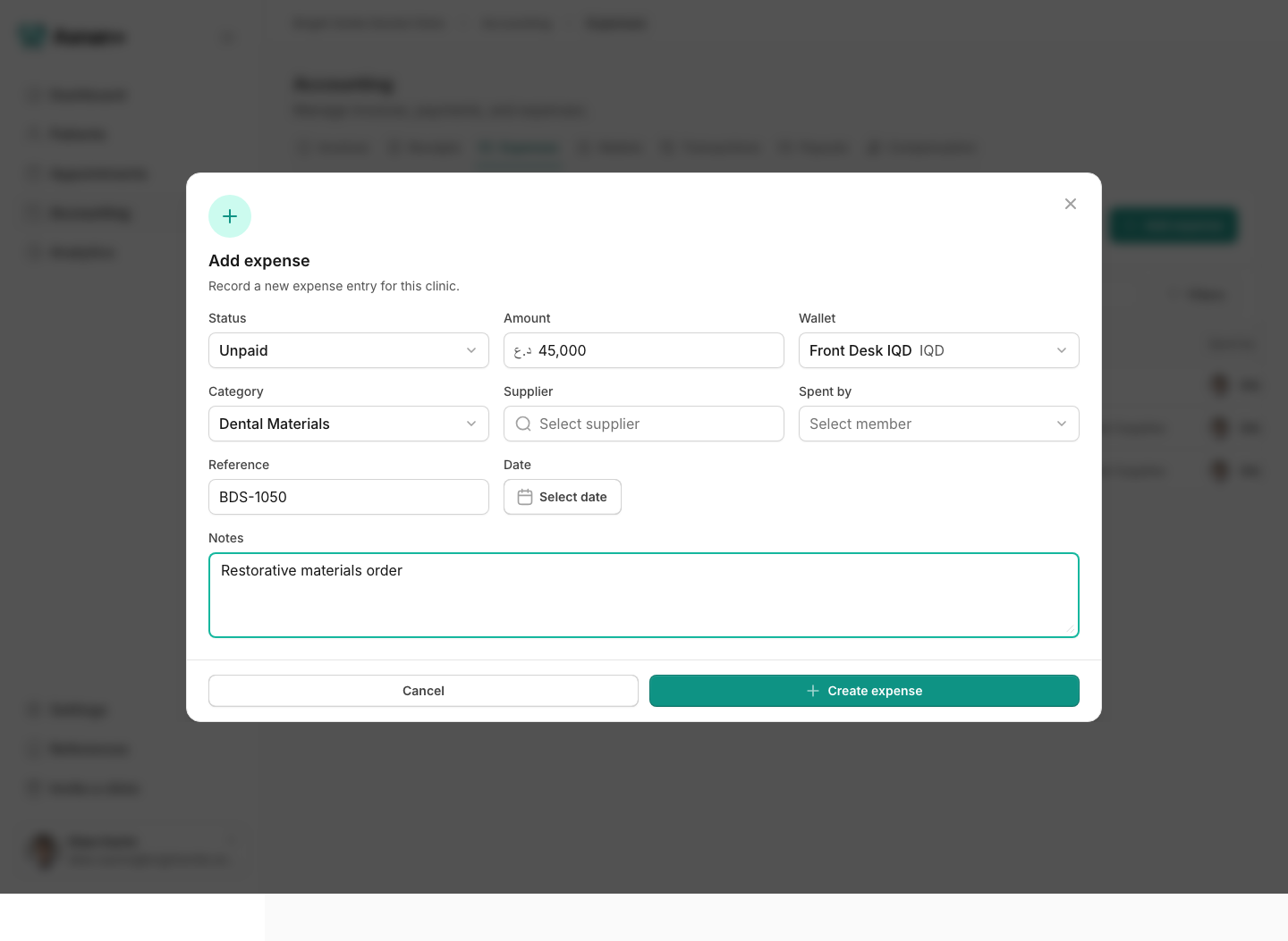 Add expense form with Unpaid status, an IQD wallet, a category, amount, optional supplier, Spent by, supplier reference, date, and notes.