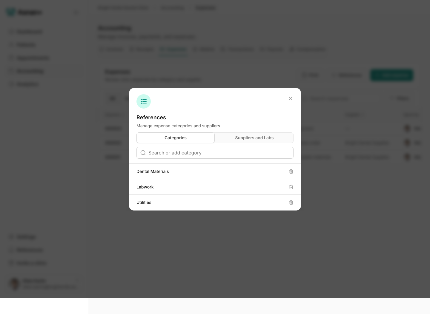 Expense References dialog with example categories and a tab for Suppliers and Labs.