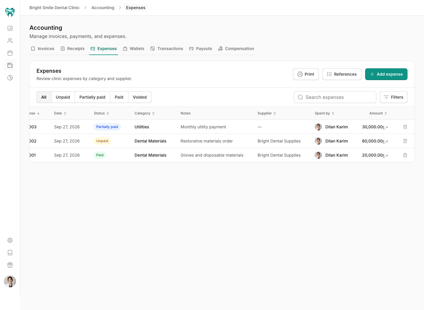 Expense list scrolled to the Spent by and Amount columns and the available row actions.