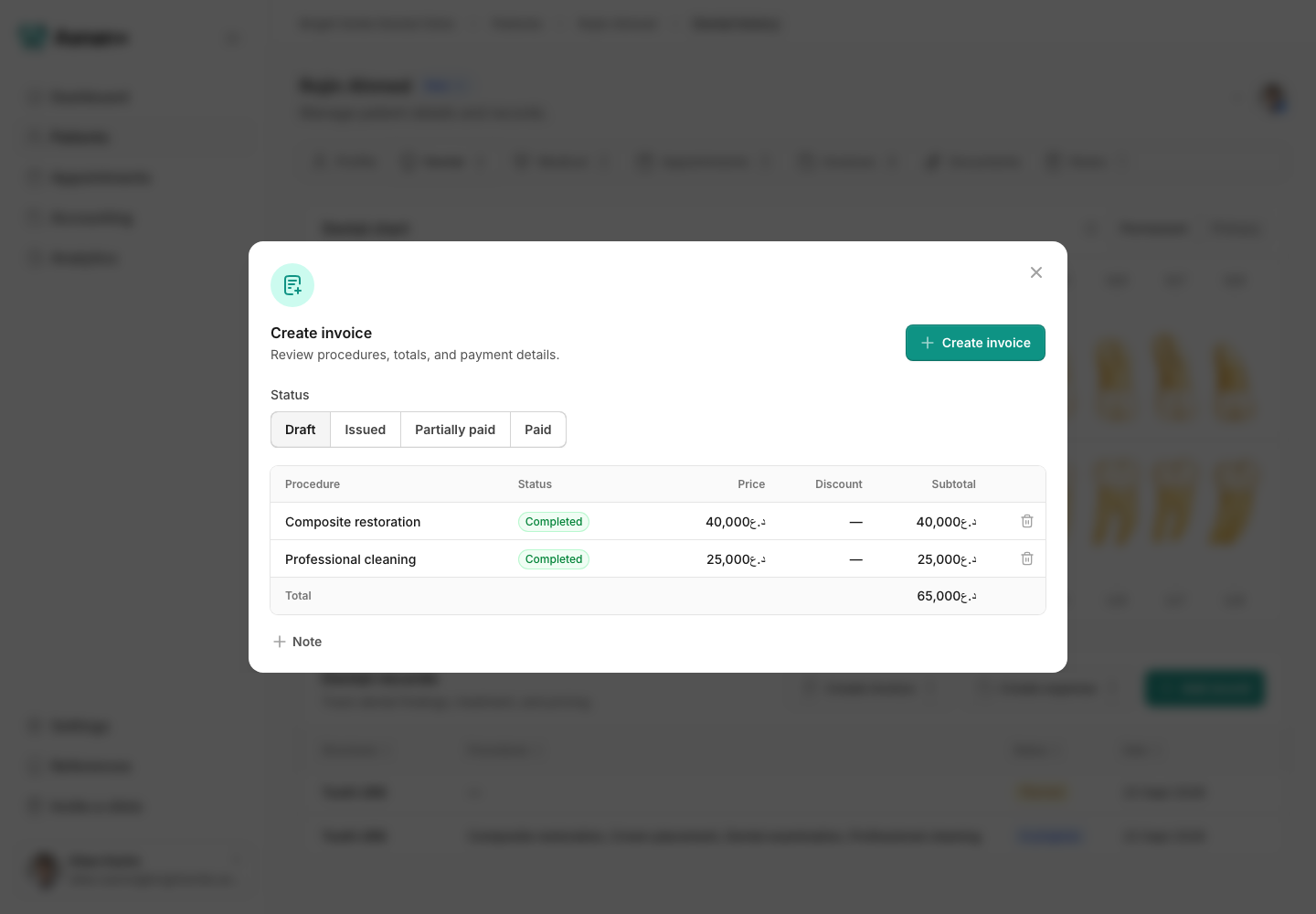 The Create invoice dialog opened from Dental records, with eligible dental procedures and invoice status choices.