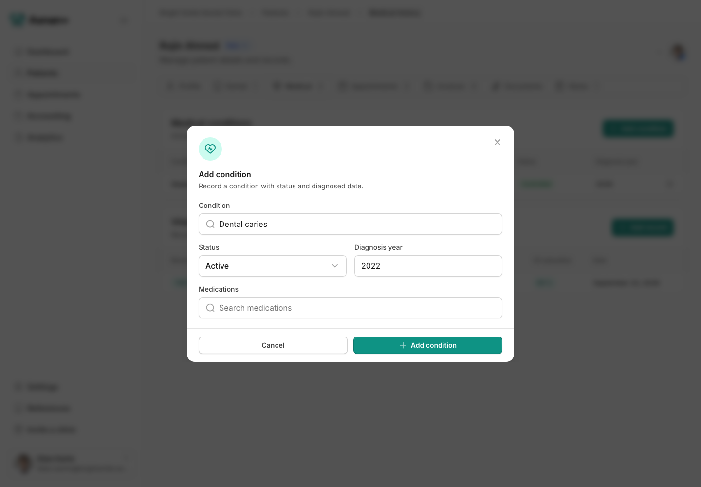 The Add condition form with a fictional diagnosis, status, and diagnosis year entered.
