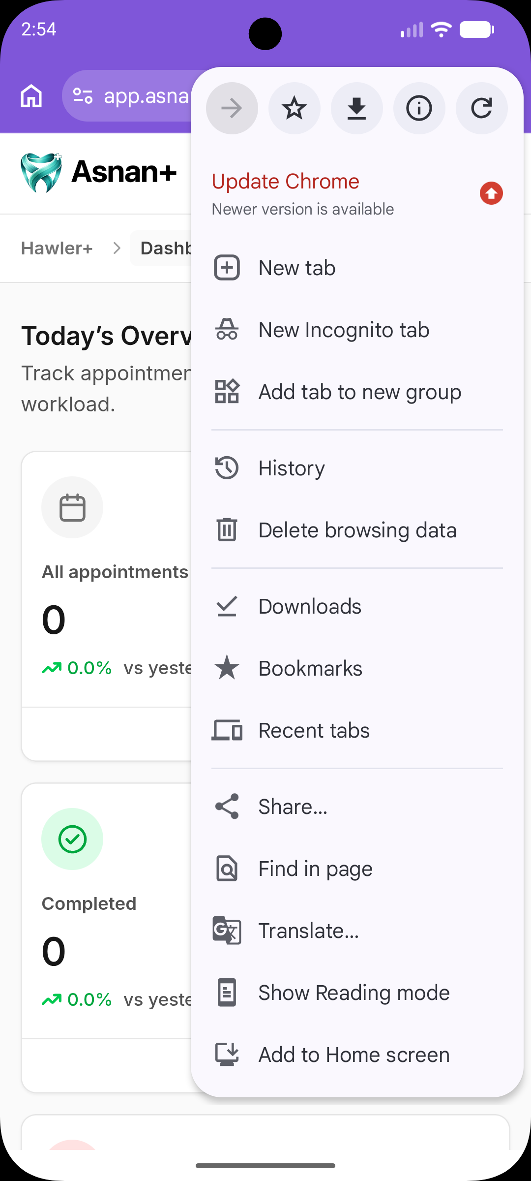 Chrome on an Android phone with its three-dot menu open and Add to Home screen visible.