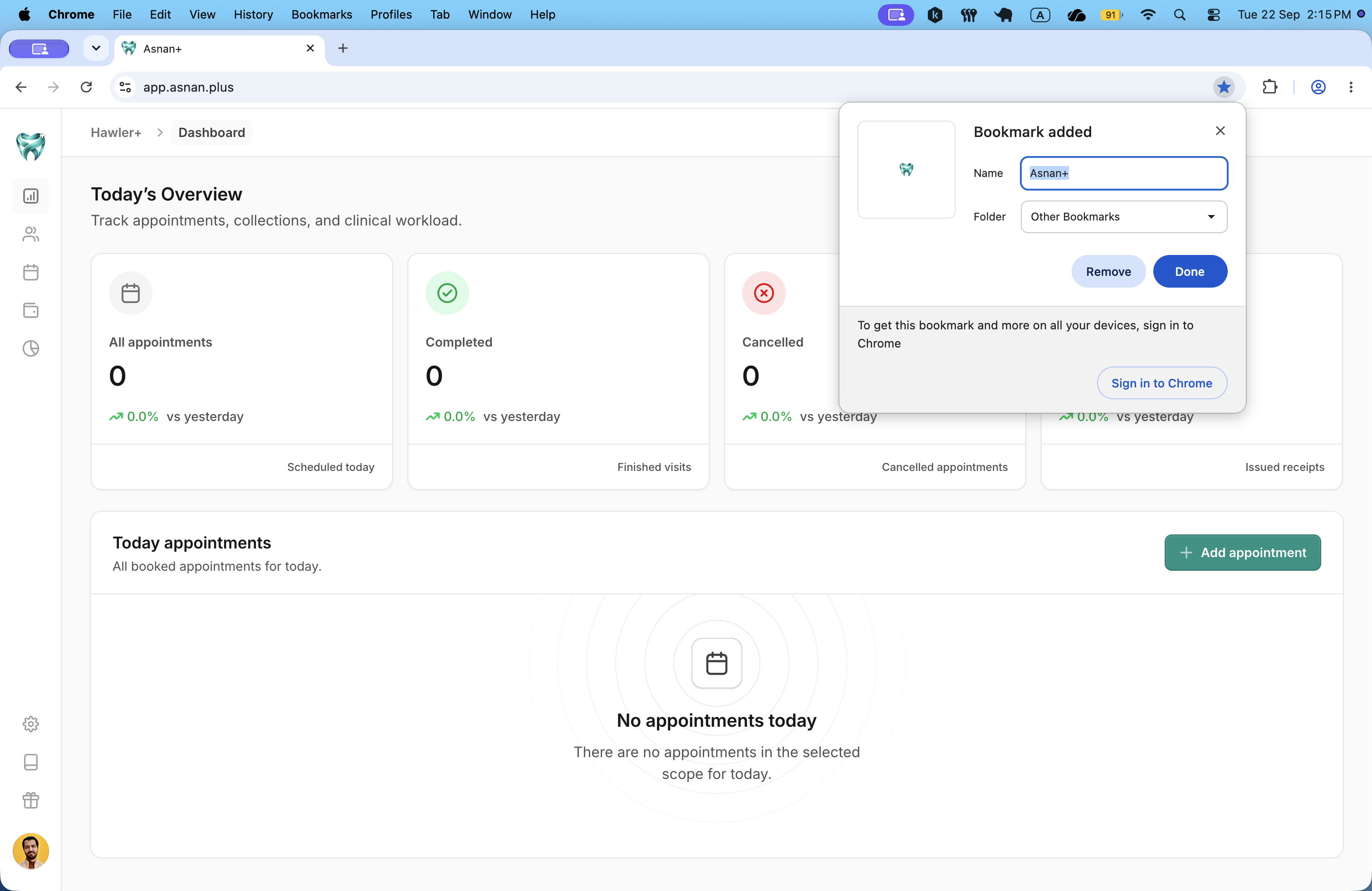 Chrome displaying the Asnan+ dashboard at app.asnan.plus with the Bookmark added dialog open, including the name, folder, Remove, and Done controls.