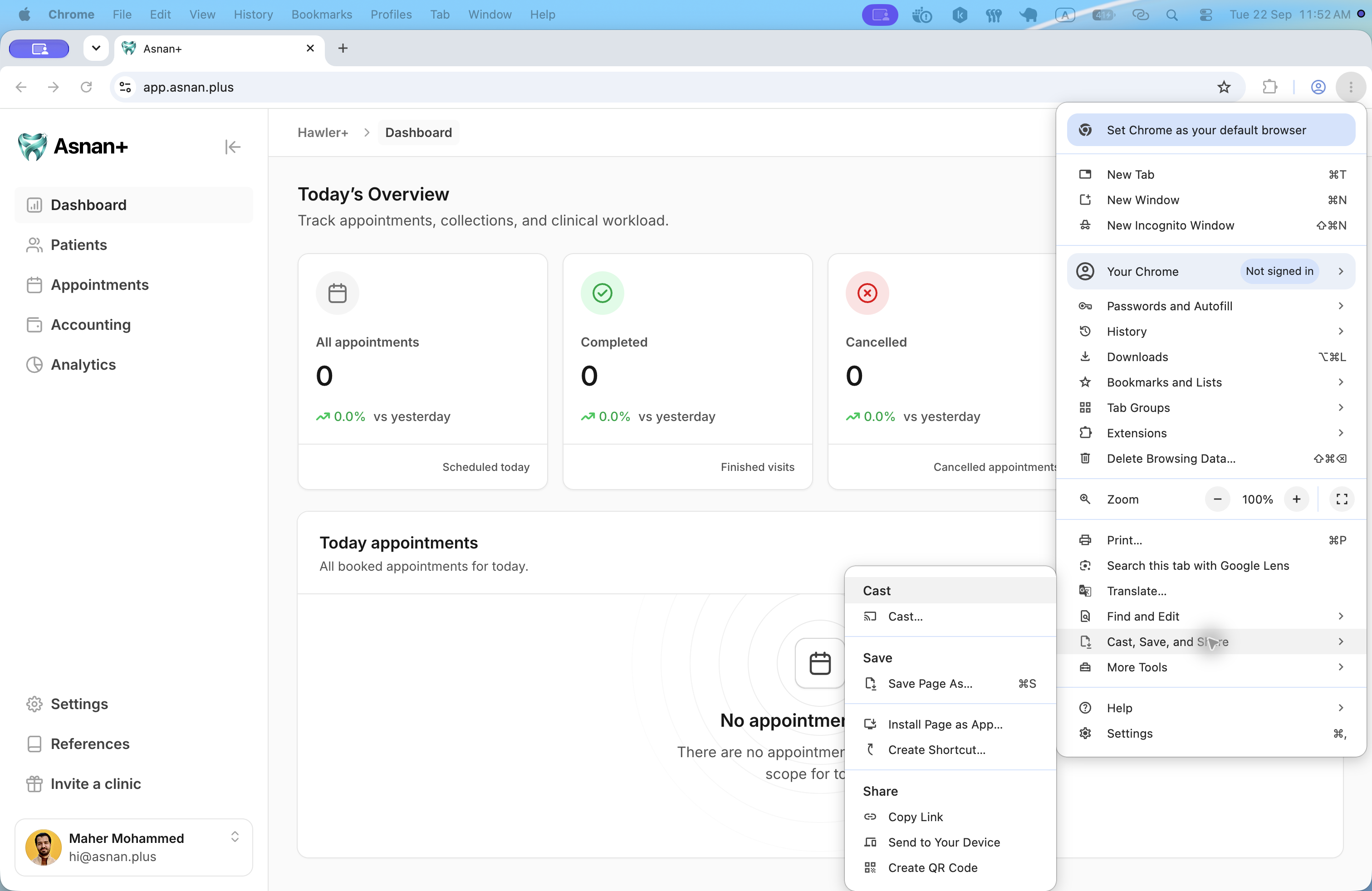 A windowed Chrome browser displaying app.asnan.plus with the full Asnan+ sidebar visible and the three-dot menu open. Cast, Save, and Share is expanded to show Install Page as App.