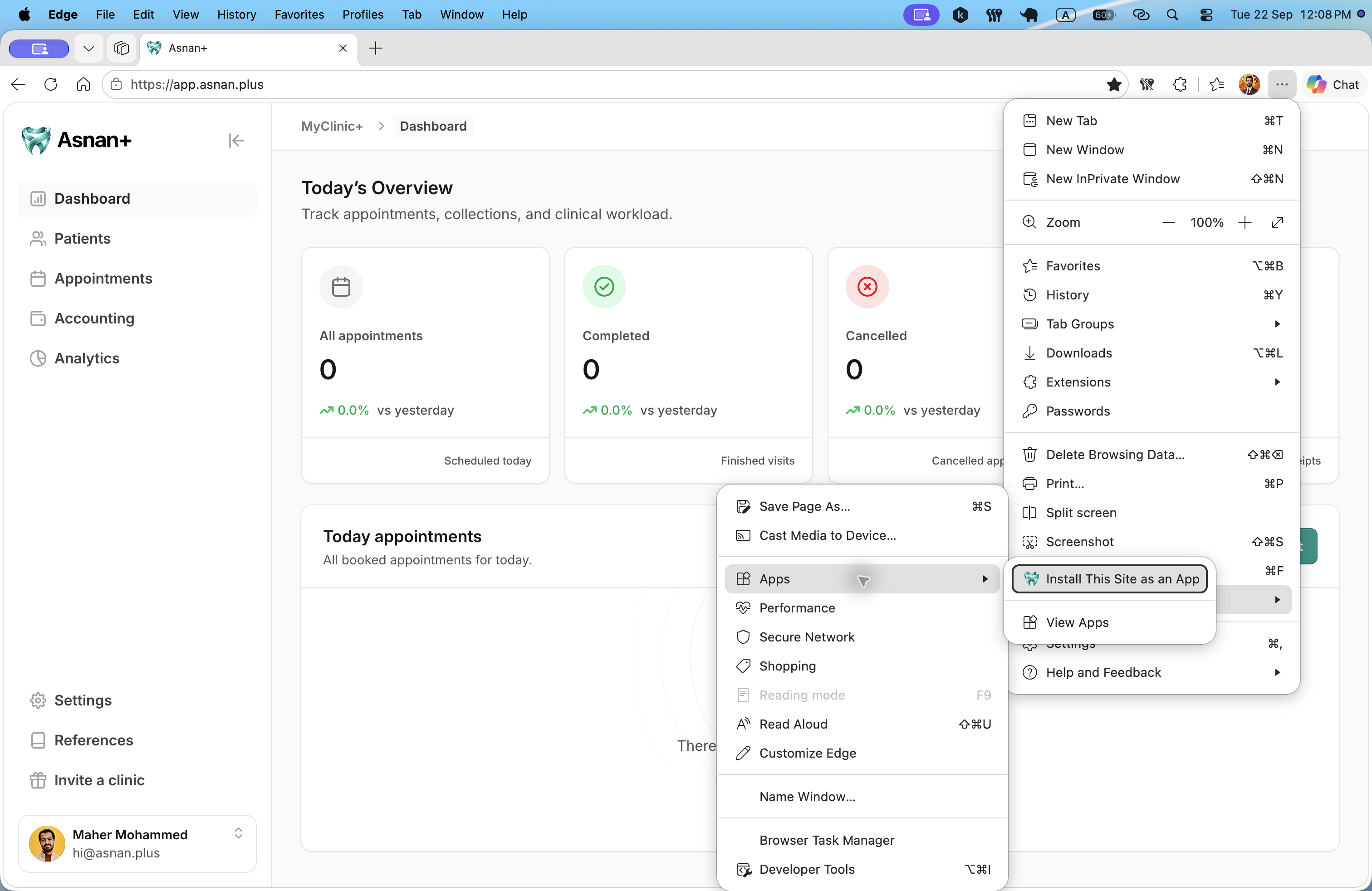 A windowed Microsoft Edge browser displaying app.asnan.plus with the full Asnan+ sidebar visible. The three-dot menu, More Tools, and Apps menus are open to show Install This Site as an App.