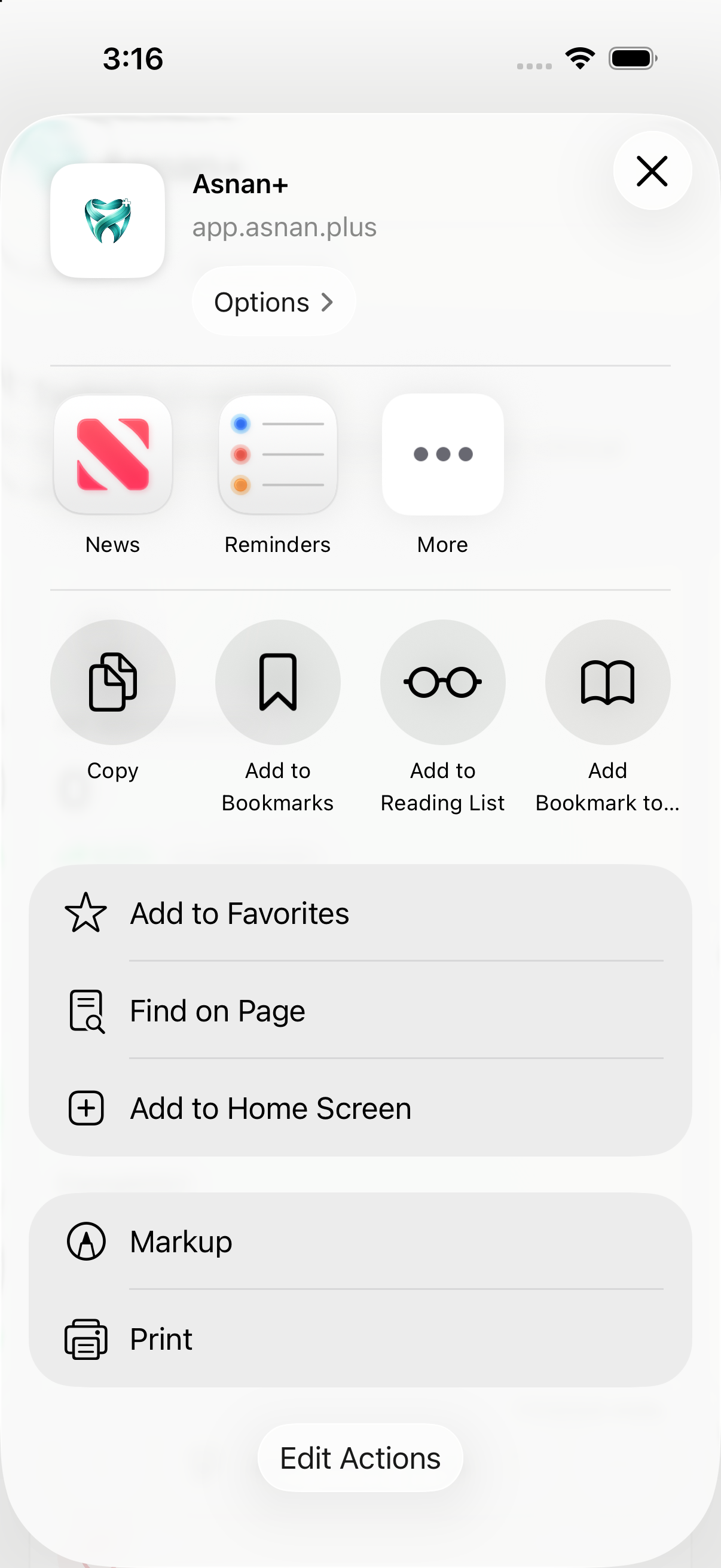 Safari on an iPhone displaying app.asnan.plus with the Share sheet open and Add to Home Screen visible.