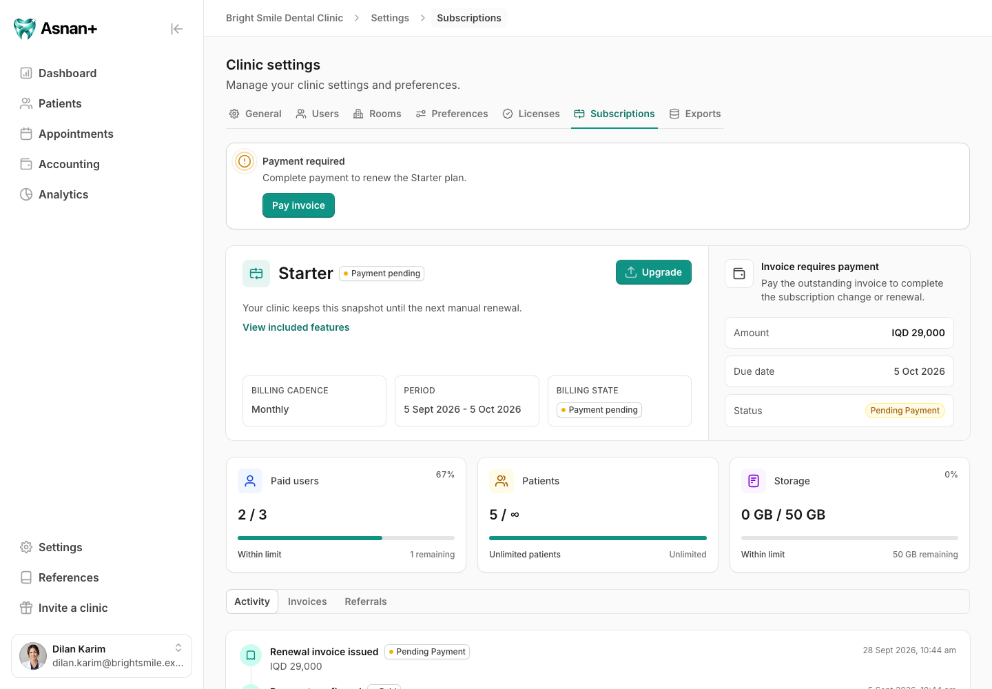 Subscriptions tab showing the current plan, payment notice, usage limits, and billing tabs