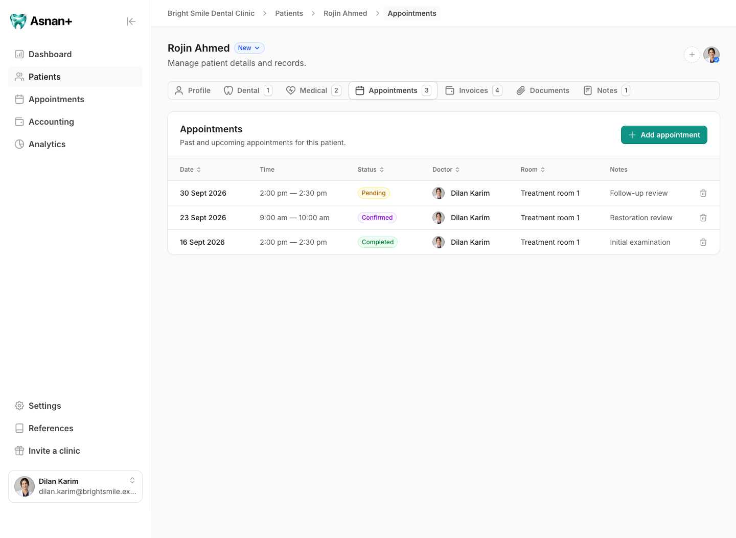 The fictional patient's appointment history table with past and upcoming dates, times, statuses, doctors, rooms, and notes.